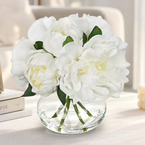 White Peonies Artificial Flowers with Glass Vase Medium 7.8inch Faux Peonies Look Real Peony Fake Flowers Silk, alternate