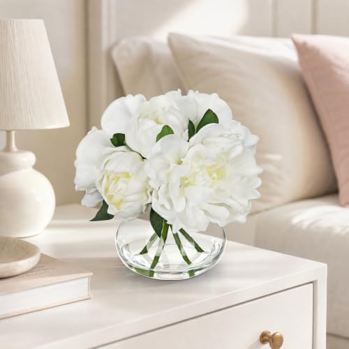 White Peonies Artificial Flowers with Glass Vase Medium 7.8inch Faux Peonies Look Real Peony Fake Flowers Silk, alternate