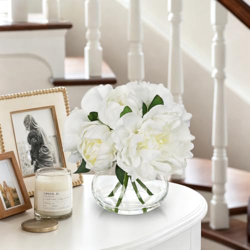 White Peonies Artificial Flowers with Glass Vase Medium 7.8inch Faux Peonies Look Real Peony Fake Flowers Silk, alternate
