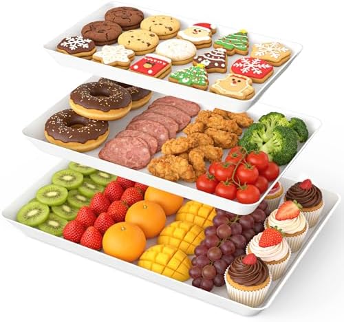 White Plastic Serving Trays 3 Pack, Rectangle Appetizer Platters for Party in White