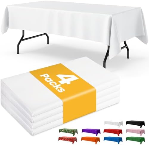 White Plastic Table Cloth - 4 Pack 54" × 108" Rectangle Disposable Tablecloths for 6FT Tables, Table Cover for