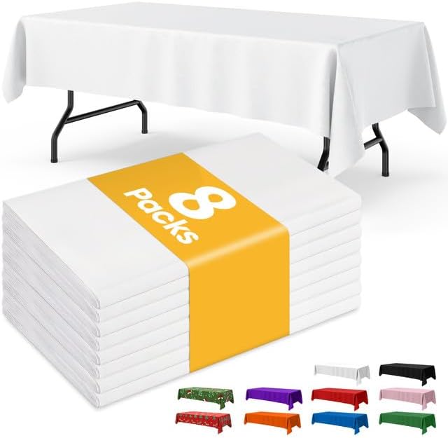 White Plastic Table Cloth Disposable, 8 Pack, 54 x 108 in