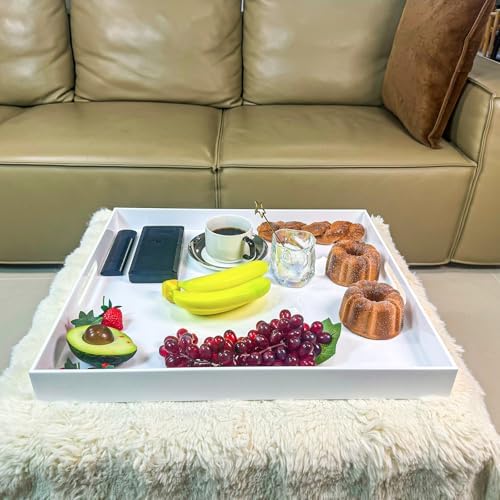 White Rectangular 18x20 Inches Acrylic Ottoman Tray Decorative Serving Tray with Cutout Handles Organizer Tray, alternate