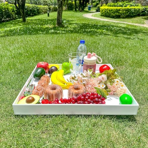 White Rectangular 18x20 Inches Acrylic Ottoman Tray Decorative Serving Tray with Cutout Handles Organizer Tray, alternate
