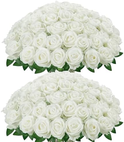 White Roses Artificial Flowers 100 Pcs Fake Velvet Silk Floral in White
