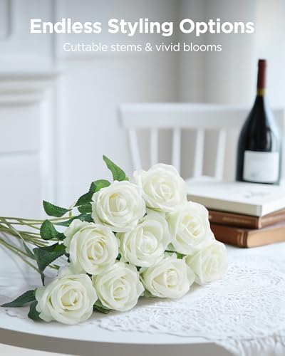 White Roses Artificial Flowers 100 Pcs Fake Velvet Silk Floral in White, alternate view 3