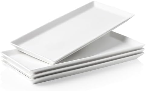 White Serving Platters, Porcelain Serving Trays for Parties, Large Rectangular Plates - 14.5 Inch, Set of 4 in
