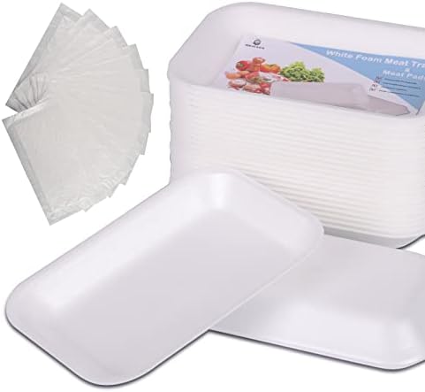 White Styrofoam Meat Trays (25pcs/Pack - 7.87" x 5.11" x 0.9") with White Absorbent Pad, Disposable Small Foam
