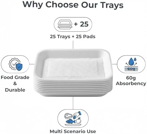 White Styrofoam Meat Trays (25pcs/Pack - 7.87" x 5.11" x 0.9") with White Absorbent Pad, Disposable Small Foam, alternate