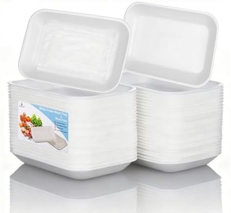 White Styrofoam Meat Trays (50pcs/Pack - 7.87" x 5.11" x 0.9") with White Absorbent Pad, Disposable Small Foam