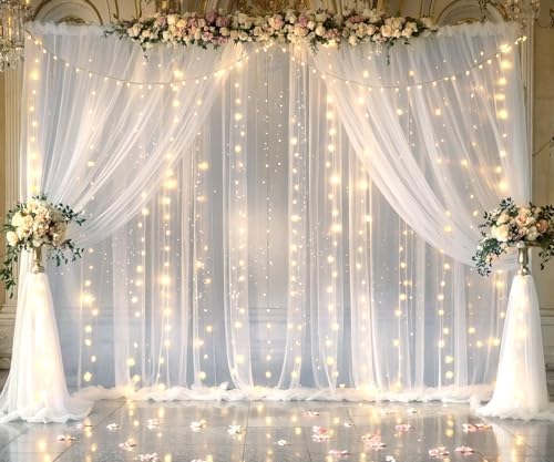 White Tulle Backdrop Curtain with Lights String for Parites 20×8ft Sheer Curtains Wedding Baby Shower Birthday, alternate