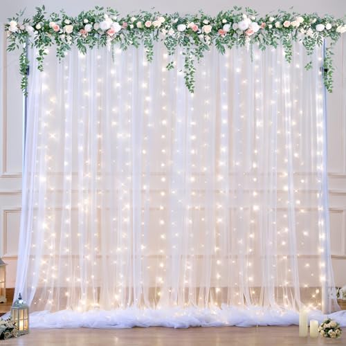 White Tulle Backdrop Curtain with Lights String for Parties Wedding Bridal Shower Sheer White Curtain Backdrop