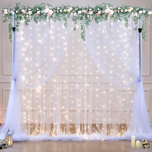 White Tulle Backdrop Curtain with Lights String for Parties Wedding Bridal Shower Sheer White Curtain Backdrop, alternate