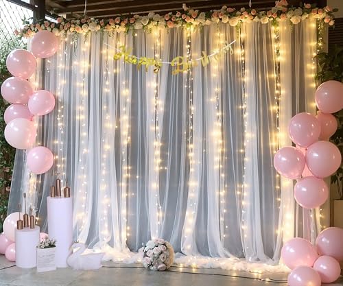 White Tulle Backdrop Curtain with Lights String for Parties Wedding Bridal Shower Sheer White Curtain Backdrop, alternate