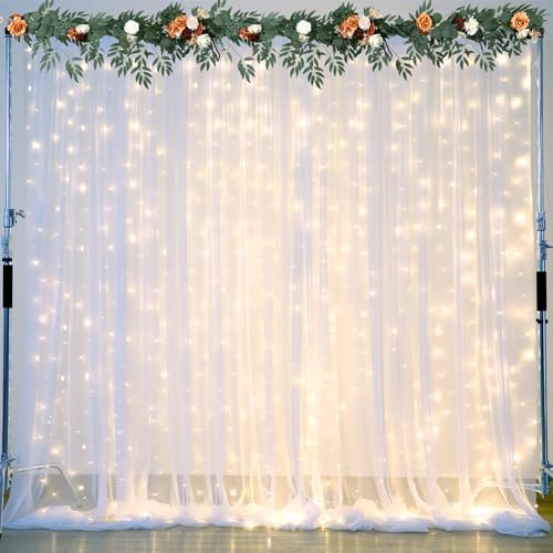 White Tulle Backdrop Curtain with Lights String for Parties Wedding Bridal Shower Sheer White Curtain Backdrop