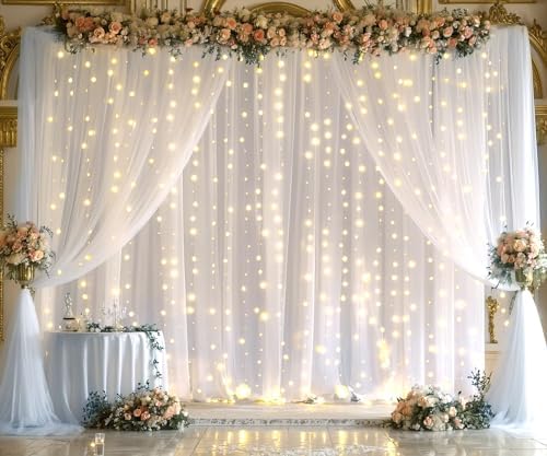 White Tulle Backdrop Curtain with Lights String for Parties Wedding Bridal Shower Sheer White Curtain Backdrop, alternate
