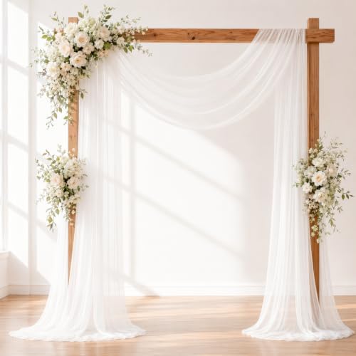 White Wedding Arch Draping Fabric Sheer Curtain Drapes 3 Panels | 20 ft Extra Long Shimmery Backdrop Curtains, alternate view