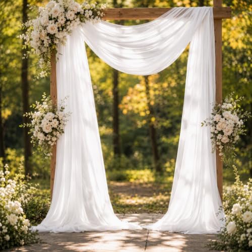 White Wedding Arch Draping Fabric Sheer Curtain Drapes 3 Panels | 20 ft Extra Long Shimmery Backdrop Curtains, alternate view