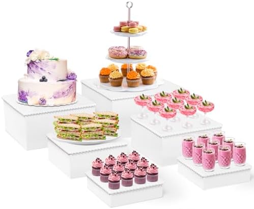 White Wooden Cake Stand Buffet Food Risers, 6pcs Set for Buffet Table, Large Cake/Fruit Display Stand/Cupcake