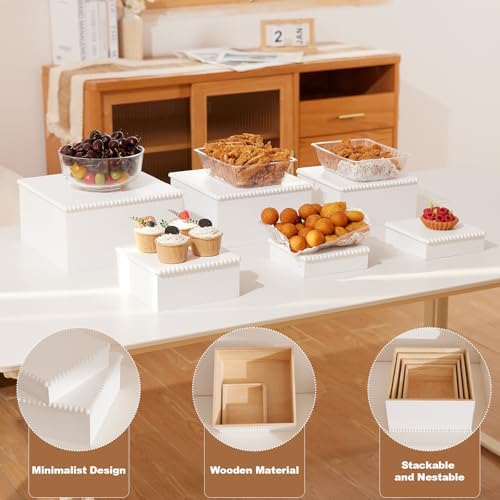 White Wooden Cake Stand Buffet Food Risers, 6pcs Set for Buffet Table, Large Cake/Fruit Display Stand/Cupcake, alternate view