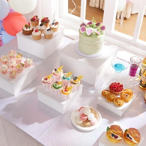 White Wooden Cake Stand Buffet Food Risers, 6pcs Set for Buffet Table, Large Cake/Fruit Display Stand/Cupcake, alternate view