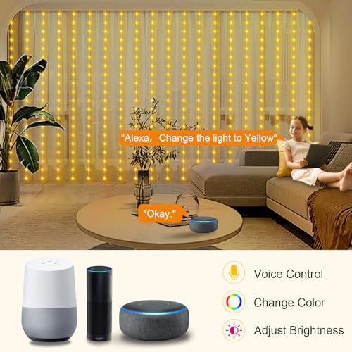 WiFi Smart RGB Color Changing Curtain Lights - 600 LED, Compatible with Alexa, App Control, Music Sync, Plug in, alternate
