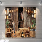 Wild West Cowboy Party Backdrop 10x10ft Rustic Barn Door Background with Horse Lantern Ukulele Cowboy Hat for
