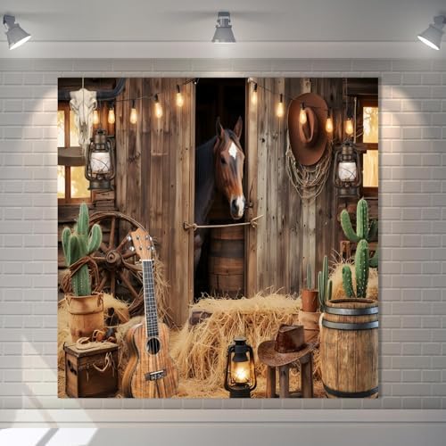 Wild West Cowboy Party Backdrop 10x10ft Rustic Barn Door Background with Horse Lantern Ukulele Cowboy Hat for