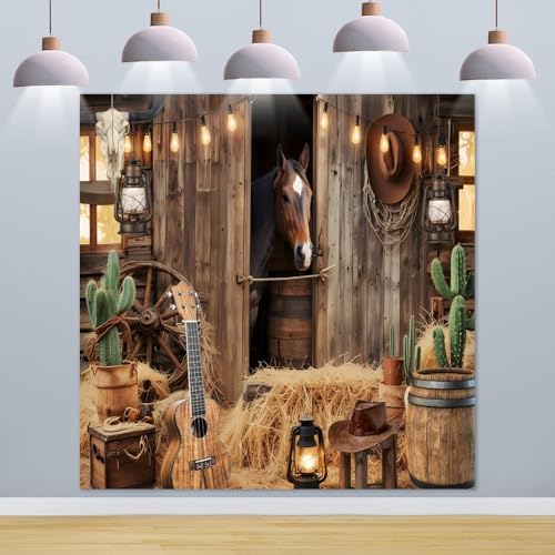 Wild West Cowboy Party Backdrop 10x10ft Rustic Barn Door Background with Horse Lantern Ukulele Cowboy Hat for, alternate view