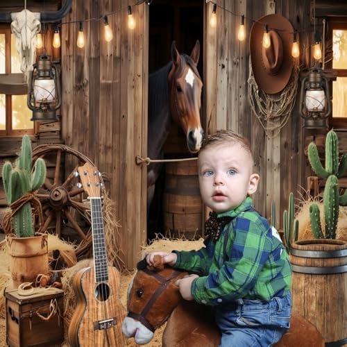 Wild West Cowboy Party Backdrop 10x10ft Rustic Barn Door Background with Horse Lantern Ukulele Cowboy Hat for, alternate view