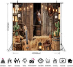 Wild West Cowboy Party Backdrop 10x10ft Rustic Barn Door Background with Horse Lantern Ukulele Cowboy Hat for, alternate view
