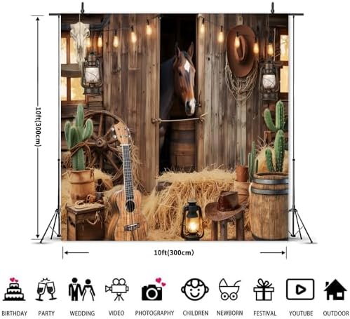 Wild West Cowboy Party Backdrop 10x10ft Rustic Barn Door Background with Horse Lantern Ukulele Cowboy Hat for, alternate view