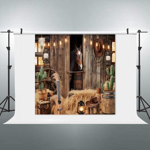 Wild West Cowboy Party Backdrop 10x10ft Rustic Barn Door Background with Horse Lantern Ukulele Cowboy Hat for, alternate view