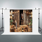 Wild West Cowboy Party Backdrop 10x10ft Rustic Barn Door Background with Horse Lantern Ukulele Cowboy Hat for, alternate view