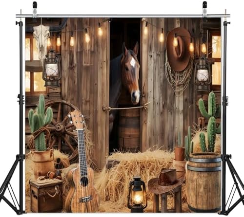 Wild West Cowboy Party Backdrop 10x10ft Rustic Barn Door Background with Horse Lantern Ukulele Cowboy Hat for, alternate view