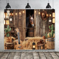 Wild West Cowboy Party Backdrop 10x8ft Rustic Barn Door Background with Horse Lantern Ukulele Cowboy Hat for