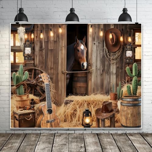 Wild West Cowboy Party Backdrop 10x8ft Rustic Barn Door Background with Horse Lantern Ukulele Cowboy Hat for