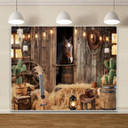Wild West Cowboy Party Backdrop 10x8ft Rustic Barn Door Background with Horse Lantern Ukulele Cowboy Hat for, alternate view