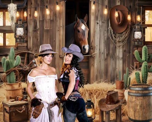 Wild West Cowboy Party Backdrop 10x8ft Rustic Barn Door Background with Horse Lantern Ukulele Cowboy Hat for, alternate view