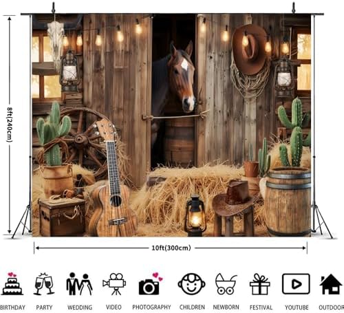 Wild West Cowboy Party Backdrop 10x8ft Rustic Barn Door Background with Horse Lantern Ukulele Cowboy Hat for, alternate view