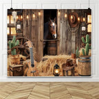 Wild West Cowboy Party Backdrop 10x8ft Rustic Barn Door Background with Horse Lantern Ukulele Cowboy Hat for, alternate view