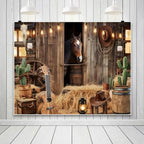 Wild West Cowboy Party Backdrop 10x8ft Rustic Barn Door Background with Horse Lantern Ukulele Cowboy Hat for, alternate view