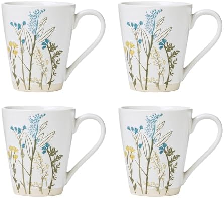 Wildflowers Stoneware Mug Set for 4, 12oz in 4 Count in White