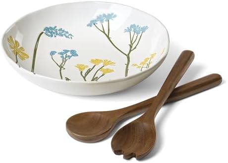 Wildflowers Stoneware Salad Bowl with Servers, 3-Piece in 3 Count in White