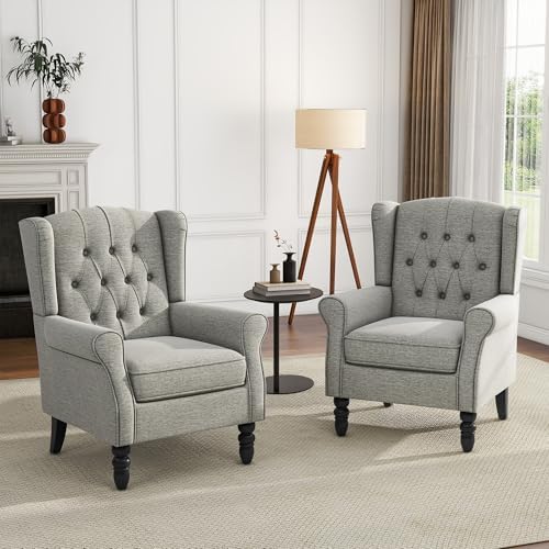 Wingback Accent Chairs Set of 2, Fabric Armchair, Light Gray in Light Gray