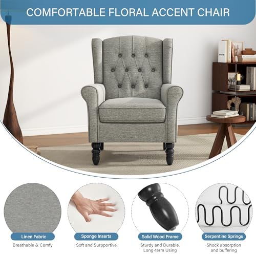 Wingback Accent Chairs Set of 2, Fabric Armchair, Light Gray in Light Gray, alternate view 5