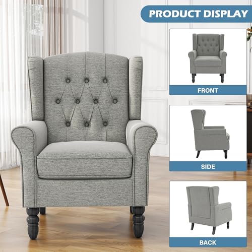 Wingback Accent Chairs Set of 2, Fabric Armchair, Light Gray in Light Gray, alternate view 6