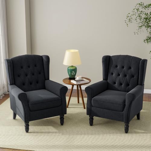 Wingback Accent Chairs Set of 2, Tufted High Back Armchair, Black Blue