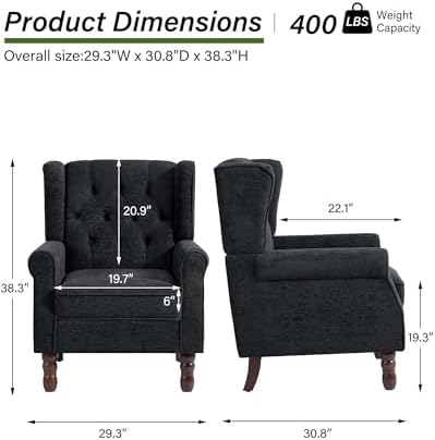 Wingback Accent Chairs Set of 2, Tufted High Back Armchair, Black Blue, alternate view 2