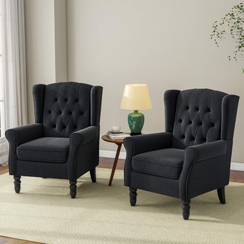Wingback Accent Chairs Set of 2, Tufted High Back Armchair, Black Blue, alternate view 6